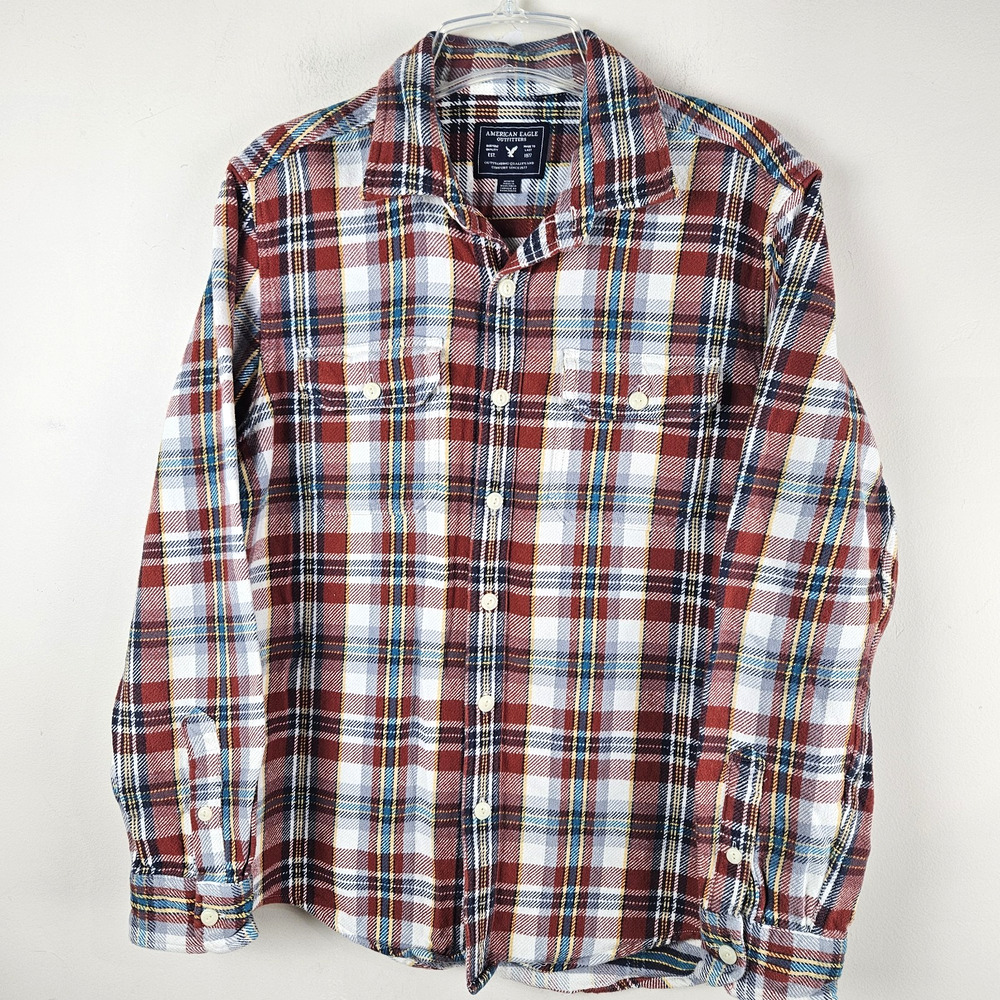 American Eagle Men’s Plaid Red Flannel Shirt Shacket M Long Sleeves Outdoor 80s